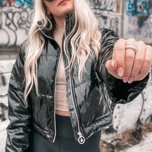 Black Shiny Puffer Jacket - Womens